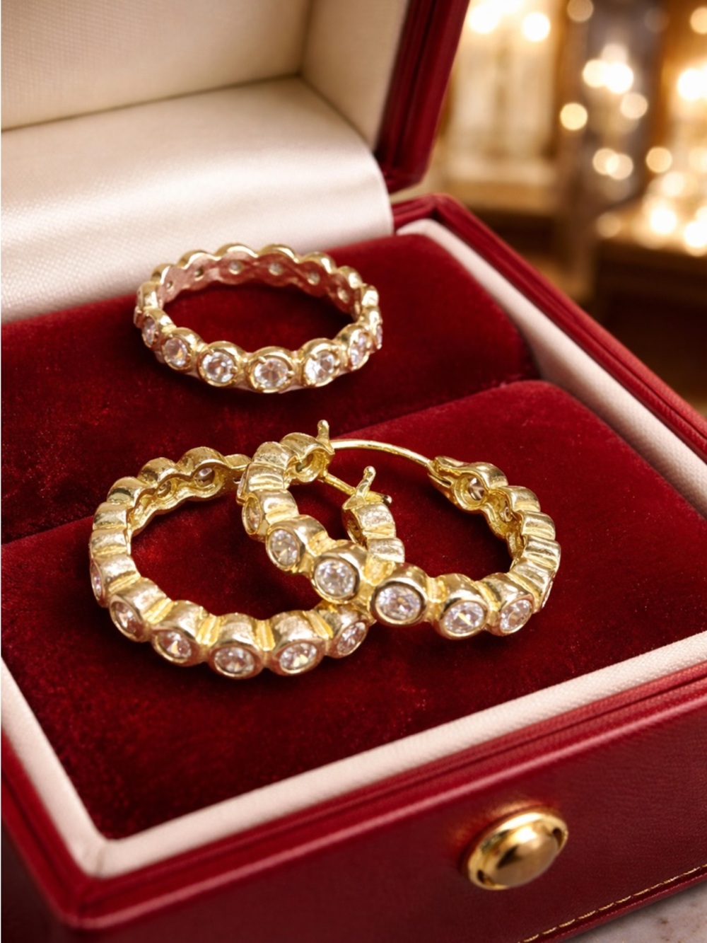 925 Sterling Silver 24k Gold Plated White Zircon Hoop Earrings and Ring Set